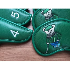 Set of 10 Golf Club Head Covers for Driver, Fairway Wood, Hybrid, Putter, Hybrid Iron, Bear Embroidered (Green)