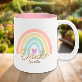 Tasse Danke für Alles mit Regenbogen – Geschenk für Erzieherin, Lehrerin, Kollegin – Abschiedsgeschenk mit Geschenkverpackung – Handmade in Deutschland (Altrosa)
