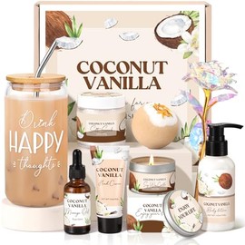 Canastas de regalo de spa para mujeres, set de baño y cuerpo de vainilla y coco para mujeres, regalo de autocuidado de spa en casa, set de baño relaja