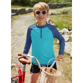 BesserBay Boys' Long-Sleeved Stand-Up Collar UV Shirt 1/4 Zip Rash Guard UPF 50+ Children 110-150, Navy & Light Blue