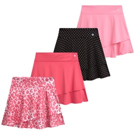 RBX Skorts for Girls - 4 Pack Pleated Athletic Tennis Skirts with Built-in Bike Shorts - Golf Outfits, School Uniform (7-16), Size 14-16, Strawberry/Black Dot