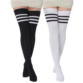 BABAHU Womens Extra Long Cotton Stripe Thigh High Socks Over the Knee High Socks