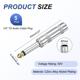 sourcing map 5 Pcs 1/4" Audio TS Plug, 6.35mm Mono Male Plug Cable Connector, TS Male Audio Cable Adapter for Speaker, Microphone, Guitar, 2.91" Silver