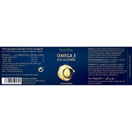 Algae Oil Omega 3 Capsules Vegan Vegetable - Algae Oil Essential Fatty Acids 604 mg Omega3 Per Day, 140 mg EPA, 420 mg DHA - Pure & Controlled - Algae Oil Capsules | PureRaw 60 Capsules
