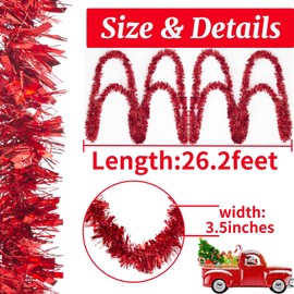 26.2 Ft Tinsel Garland Decoration for Holiday Tree Walll Home Office Event, Christmas, Birthday, Weddings, Party Decorations, Fluffy Twist for All-Season Indoor Outdoor Events - Red