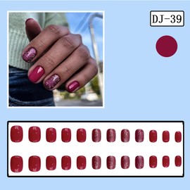 24Pcs Short Press on Nails Square Red Glitter Fake Nails Full Cover Acrylic Artificial Nails with Sparkle Bling Design Glossy Glue on Nails French False Nails for Women Removable Daily Wearing Nails