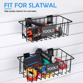 Maxcheck 4 Pcs Black Metal Slatwall Basket with Removable Tags Ventilated Slatwall Baskets Wall Mounted Storage Baskets Hanging Basket Organizer Slatwall Accessories for Shop Room Display Organizing