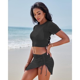 Jolefille - Conjunto de 4 piezas de bikini con falda de cintura alta, control de abdomen, tankini con control de abdomen, Bañador Negro Mujer, L