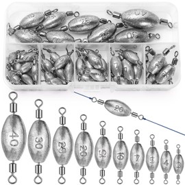 Annyswit 25/45Pcs Olive Fishing Weights with Inner Barrel Fishing Swivels Kit 6/10 Sizes Swivel Weights Fishing 3g 4g 5g 7g 8g 10g 15g 20g 25g 30g 40g Quick Set Up Fishing Sinker with Inner Swivel