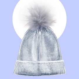 Kids Girls Winter Hat Chunky Head Cover Pom Pom Silver 2-6 Years