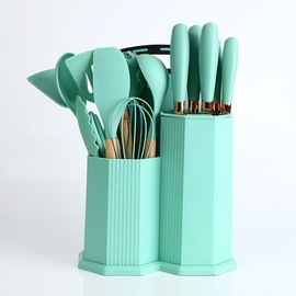 Generic Cooking Utensils Set, 19 PCS Silicone Kitchen Utensils Set with Holder and Kitchen Knife Set for Cooking, Non-stick Heat Resistan Kitchen Tools and Gadgets with Wooden Handle (Light Green)