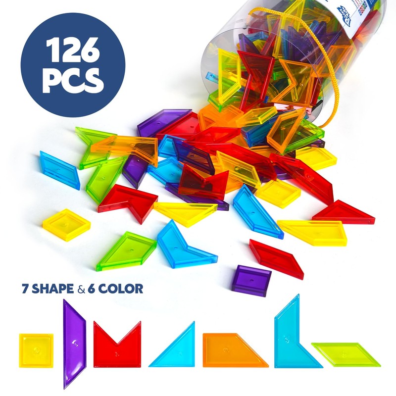Pairez Toys Transparent Pattern Blocks, 126 Pcs Geometric Shapes Blocks,