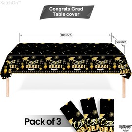 KatchOn, Black And Gold Graduation Tablecloth - Pack Of 3, 54x108 Inch | Congrats Grad Tablecloth For Graduation Decorations Table | Graduation Party Table Decorations | Graduation Table Cover