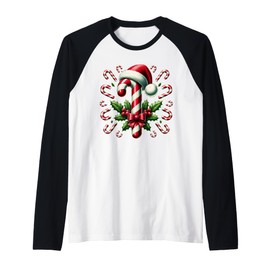 Christmas Candy Cane Crew Lights Red and White Candy Costume Raglan Baseball Tee