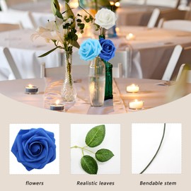 WANTMAZOR 100PCS Artificial Flowers Blue Roses Real Looking Foam Fake Roses with Leaves and for DIY Wedding Bouquets Bridal Shower Centerpieces Party Decorations (Blue Series)
