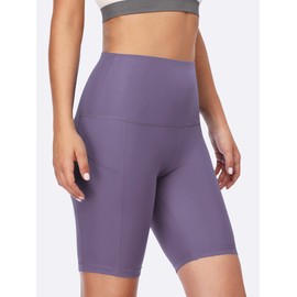 CADMUS Women's High Waist Spandex Yoga Shorts for Bike Running Two Side Pockets,10,Black & Grey & Light Purple,Small