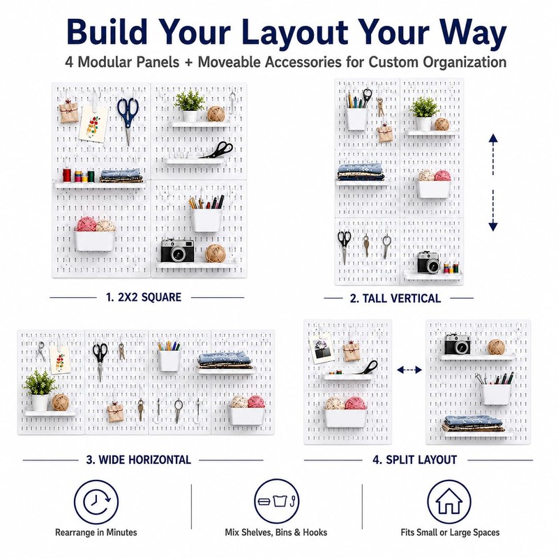 PSLER 22"×22" White Pegboard Kit with 17 Accessories, Garage Office