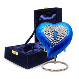 NORSE'S TRADECRAFT Heart Mini Urn for Ashes Adult Male, Female | Memorial Gifts with Velvet Box & Stand l Handcrafted Cremation Urns for Human Ashes and Pet |Blue Heart with Angel Wing Design, 3 cu in