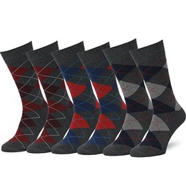Easton Marlowe Argyle Socks Men Gray 6 Pack Cotton, Seamless Toe, Charcoal Dress Socks Red Blue Bold Accents 10-13