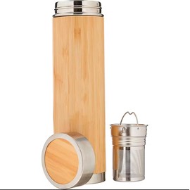 Générique 500 Ml Bamboo Insulated Bottle With Tea Infuser, 25 Cm, Double Wall Stainless Steel, Natural