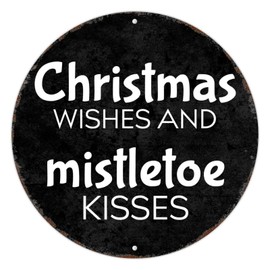Mighun Christmas Wishes And Mistletoe Kisses Signs Inspirational Sayings Round Tin Signs Aluminum Metal Signs Wall Art Farmhouse Decorative Wreath Sign Rustic Wall Decor Housewarming Gift