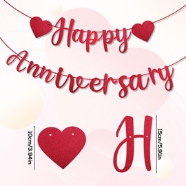 XIHIRCD Happy Anniversary Banner, Red Heart Anniversary Decor, Pre-Strung Banners for Bedroom, Wedding Party
