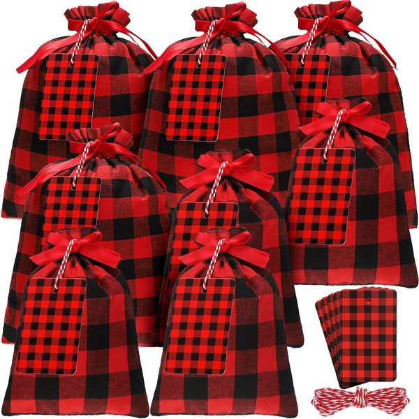 8 Pieces Buffalo Plaid Drawstring Bag Christmas Burlap Gift Bags Cotton Xmas Wrapping Bag Candy Sack Stocking Bag with 20 Pieces Checked Tags 3 Meter Rope for Party Craft()