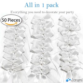 50 Car Bows Wedding Handmade Satin Ribbon Aerial Bows Easy to Tie to Car - White 25 x 12 cm