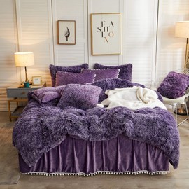 LIFEREVO Luxury Plush Shaggy Duvet Cover Set, Soft Velvet Fluffy Furry Duvet Cover Set(1 Faux Fur Fuzzy Comforter Cover+2 Pom Poms Pillow Cases) Bedding Set, Zipper Closure(Full/Queen, Ombre Purple)