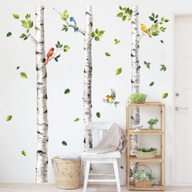 Supzone Watercolor Birch Tree Wall Decals 3 Gaint Birch Tree Birds Wall Stickers Peel and Stick Wall Art Decor for Bedroom Living Room Kitchen Sofa TV Backdrop Wall Decoration