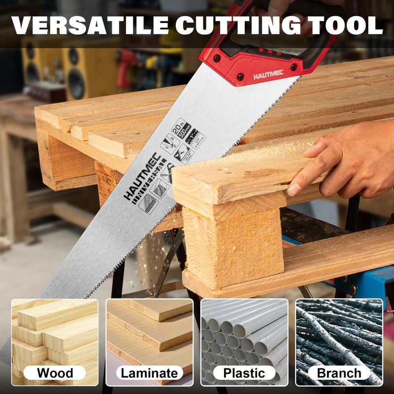 HAUTMEC 20" Universal Hand Saw, 8 TPI Triple-Ground Teeth, Low-Friction
