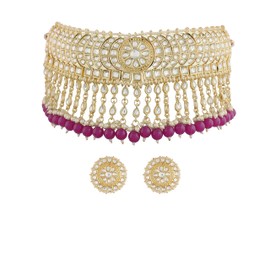 I Jewels Womens 18K Gold Plated Indian Wedding Bollywood Kundan & Pearl Studded Choker Necklace Jewelley Set (K7210Pu) Purple