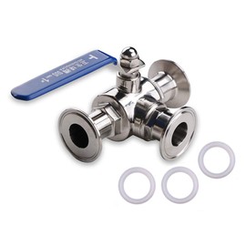 FLOW SOLUTIONS 1.5"(1.5inch) Tri Clamp Sanitary ball Valve,3 way Tee ball Valve T Port,PTFE Lined and Triclamp Triclover Stainless Steel 304,Tri Clover Ferrule with 3 pcs silicone gasket