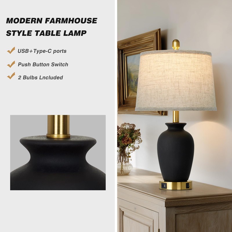 Cinkeda 23" Set of 2 Black Ceramic Farmhouse Table Lamp