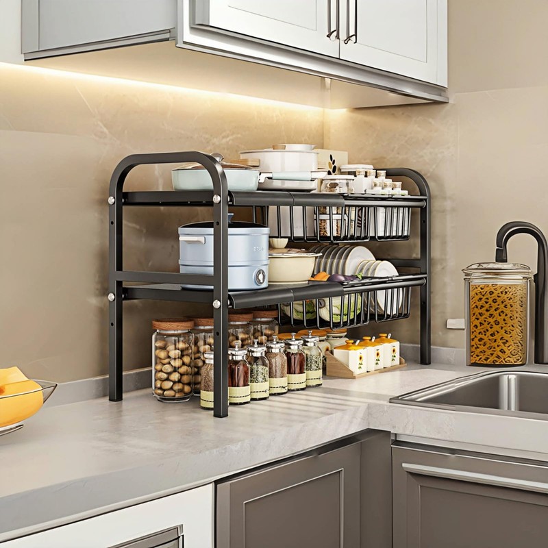 Fliqor Under Sink Organizer，2 Tier Expandable Heavy Duty Metal Shelf，with
