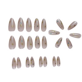 24Pcs Nude Almond Press on Nails Medium Short Fake Nails Glitter Star Stick on Nails with Colorful Rhinestones Full Cover Glue on Nails Nude Pink Artificial False Nails for Women Acrylic Nails Decor