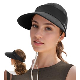 Durio Sun Hat 2 in 1 Visors for Women UPF 50+ Wide Brim Summer Beach Hats for Women Foldable Zip-Off Visor with Wind Strap Packable Womens Sun Hat Safari Hiking Fishing Black One Size