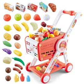 KalaDuck Shopping Cart for Kids, 31PCS Supermarket Shopping Trolley Cart Toy with Toy Food Shop Accessories, Pretend Play Shopping Basket Grocery Store Games for Toddlers Boys Girls Ages 3+ (Red)