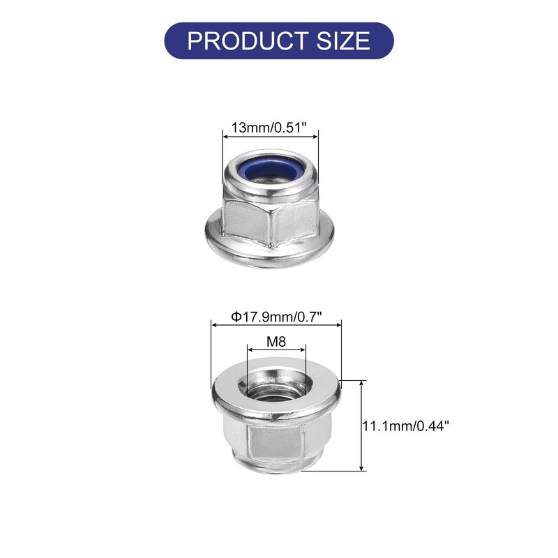 sourcing map M8x1.25mm Flange Nylon Insert Lock Nuts, 15Pcs 304