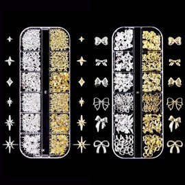 SHYSBV 2 Boxes Nail Charms, Gold/Silver Rhinestones with Stars & Bows - Metal Alloy, Rhinestones & Beads for Nail Art DIY Nail Art Accessories