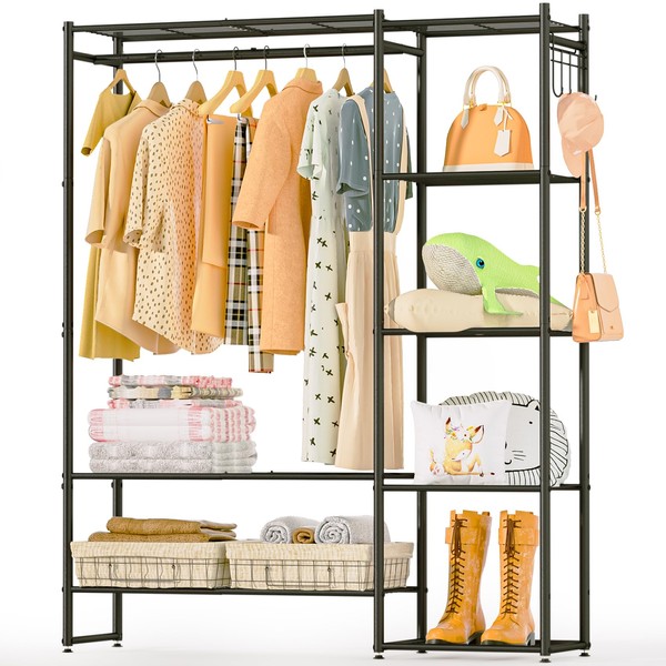 Neprock Portable Closet Rack for Hanging Clothes,Freestanding Closet Organizer System with Shelves,Metal Wardrobe Closet Grament Rack for Clothing Storage(BLack)