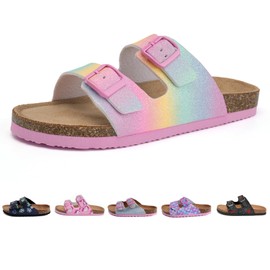 Torotto Children's Mules with Cork, Slippers for Boys and Girls, Straps, Adjustable, Buckle, Non-Slip Flip Flops for Indoor and Outdoor Use, Rainbow Glitter