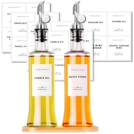 GIXSEGIE Olive Oil Dispenser Bottles for Kitchen with Bamboo Tray, Oil and Vinegar Dispenser Set, Coffee Syrup Dispensers, Glass Dispensers for Kitchen, Dispenser Bottle of 300ml - Set of 2 Silvery