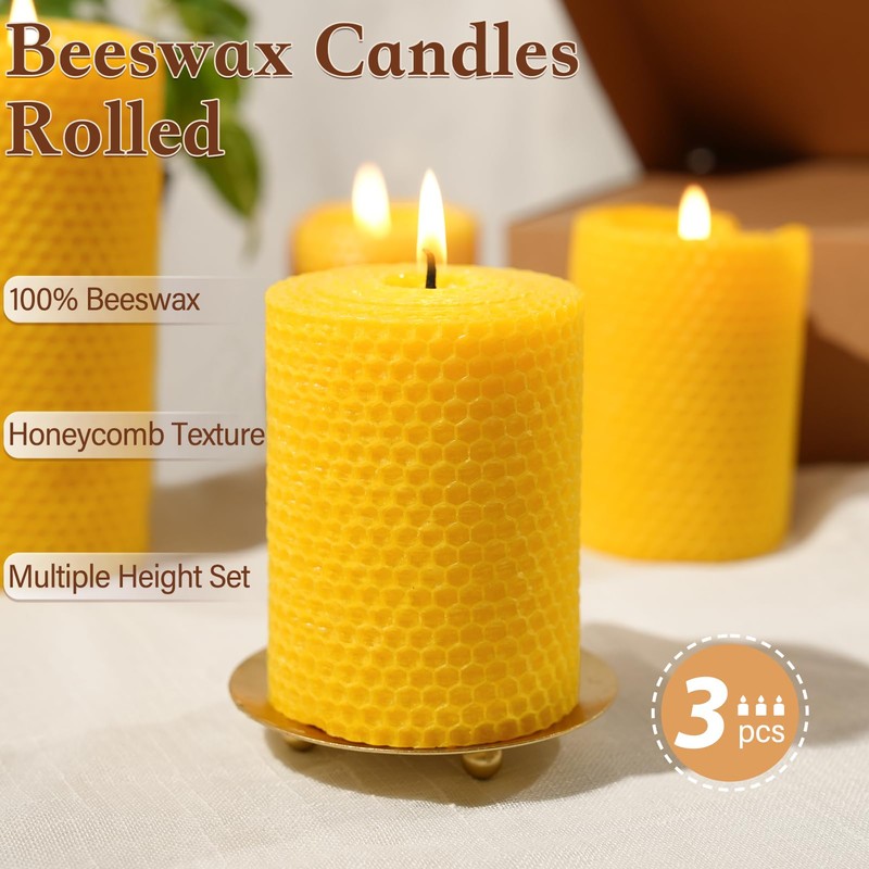 3 Pack Beeswax Pillar Candles Set,100 Hours All Natural Beeswax