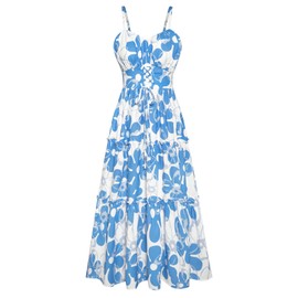 Womens Summer Dress 2025 Floral Maxi Dress Casual Sleeveless Spaghetti Strap Boho Sun Dresses White Blue Floral 2XL