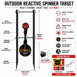3/8 Inch Thick Carbon Steel Spinner Shooting Target Self Resetting System for Outdoor Range Practice Ground Stake Style 2 Height Positions (Black)