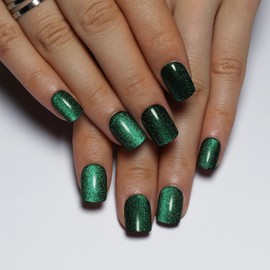 Short Square Press on Nails Green to black Gradient Cat Eye Press on Nails with Glue for Women Ashionable Gel False Nails Reusable Acrylic False Nails Women's Glitter Nails Glue On Nails Kit