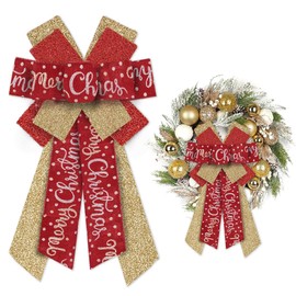 Threetols Large Christmas Bows for Wreath, Gold Red Glitter Wreath Bows Winter Dot Bows for Front Door, Farmhouse Ornament Burlap Tree Topper Bows for Xmas Indoor Outdoor Decoration