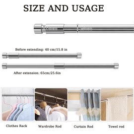 Wardrobe Rail, 40-65cm Wardrobe Hanging Rail, Wardrobe Rails and Fittings Adjustable, Stainless Steel Clothes Hanging Pole for Wardrobe (40-65cm/15.8-25.6inch)