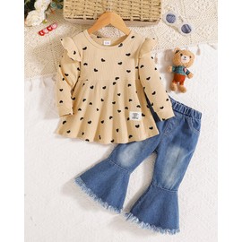 18-24 Months Todder Girls Clothes 2T 2yr Baby Girl Outfits Long Sleeve Heart Printed Shirts Top Denim Bell Bottom Jeans Pants 2 Piece Fall Winter Girl Outfits Set Apricot-Blue